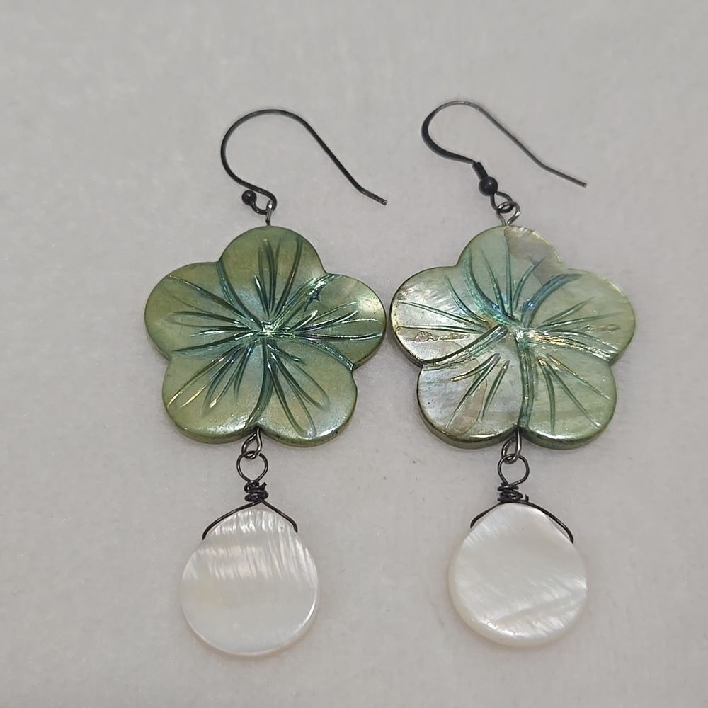 Abalone Carved Floral Green and White Earrings